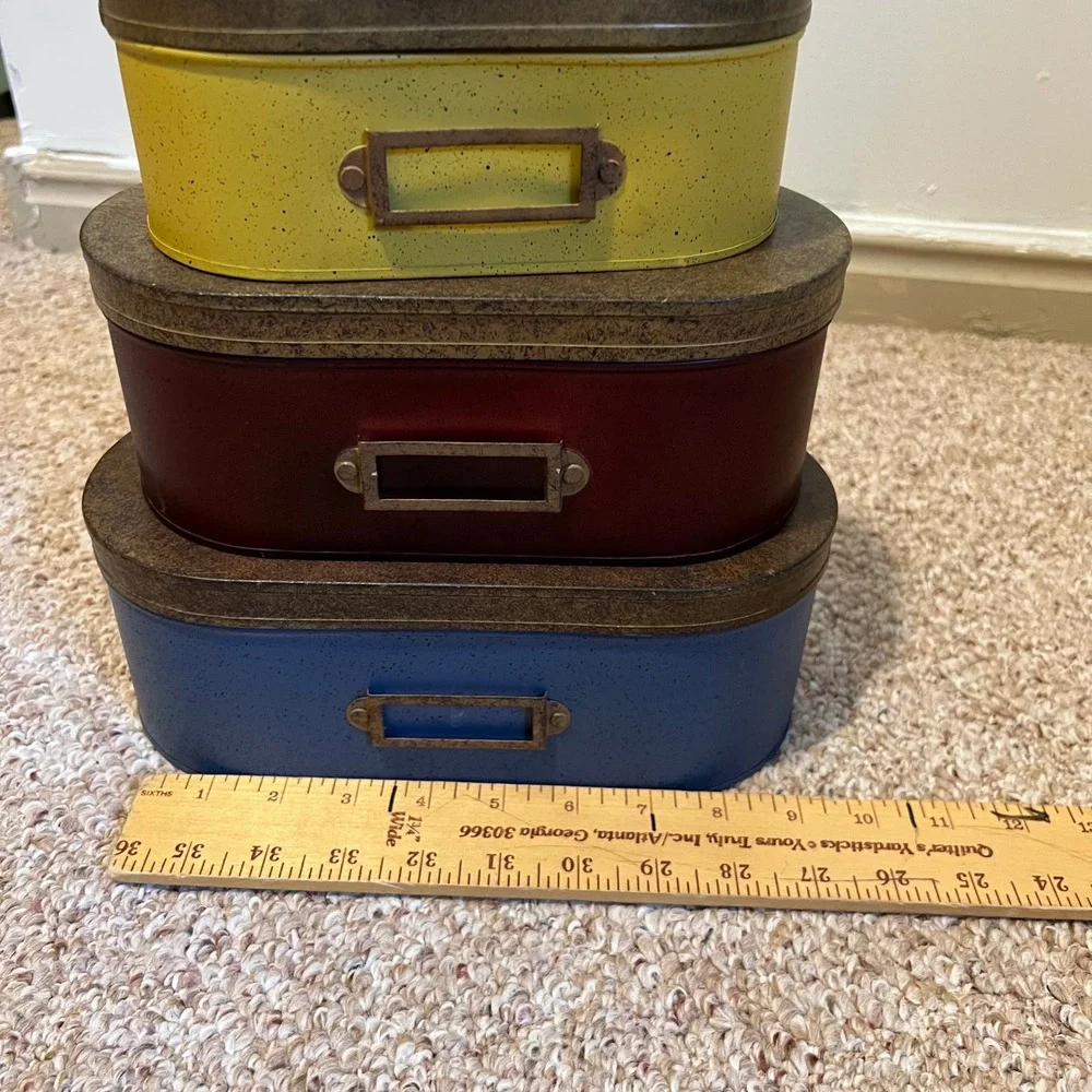 Vintage Style Nesting Metal Tins Set of 3 Oval Storage Boxes Label Holders